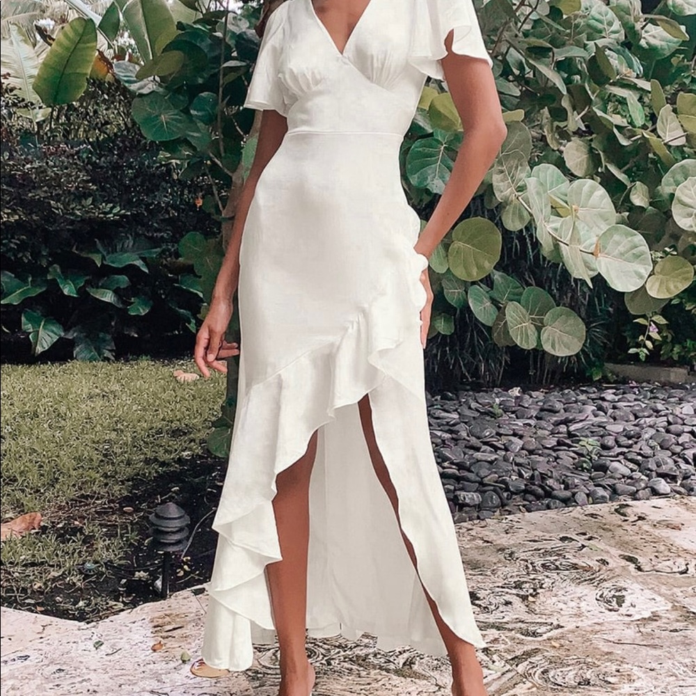 Lulus eternal bond white satin ruffled flutter sleeve maxi dress